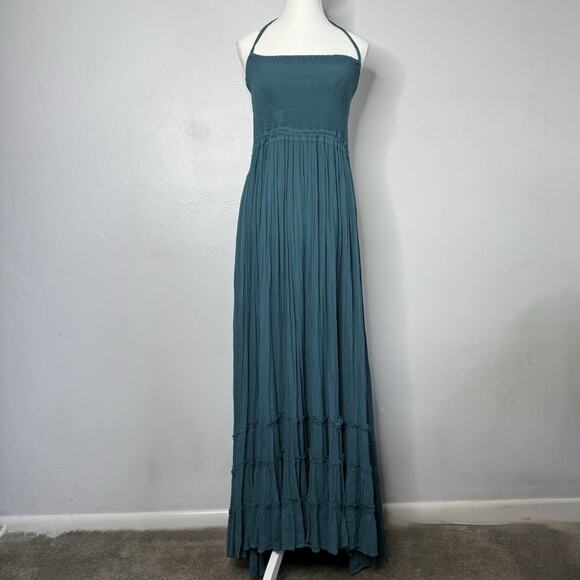 Free People Extratropical Maxi Dress Teal Blue Green XS Strappy Back Rare - Picture 1 of 9